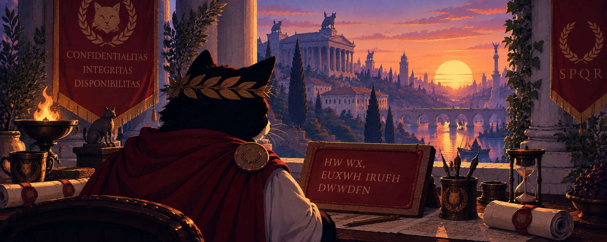 Un chat couronné de laurier et vêtu d’une cape rouge regarde une tablette portant le message chiffré HW WX, EUXWH IRUFH DWWDFN, avec Rome au coucher du soleil en arrière-plan.
