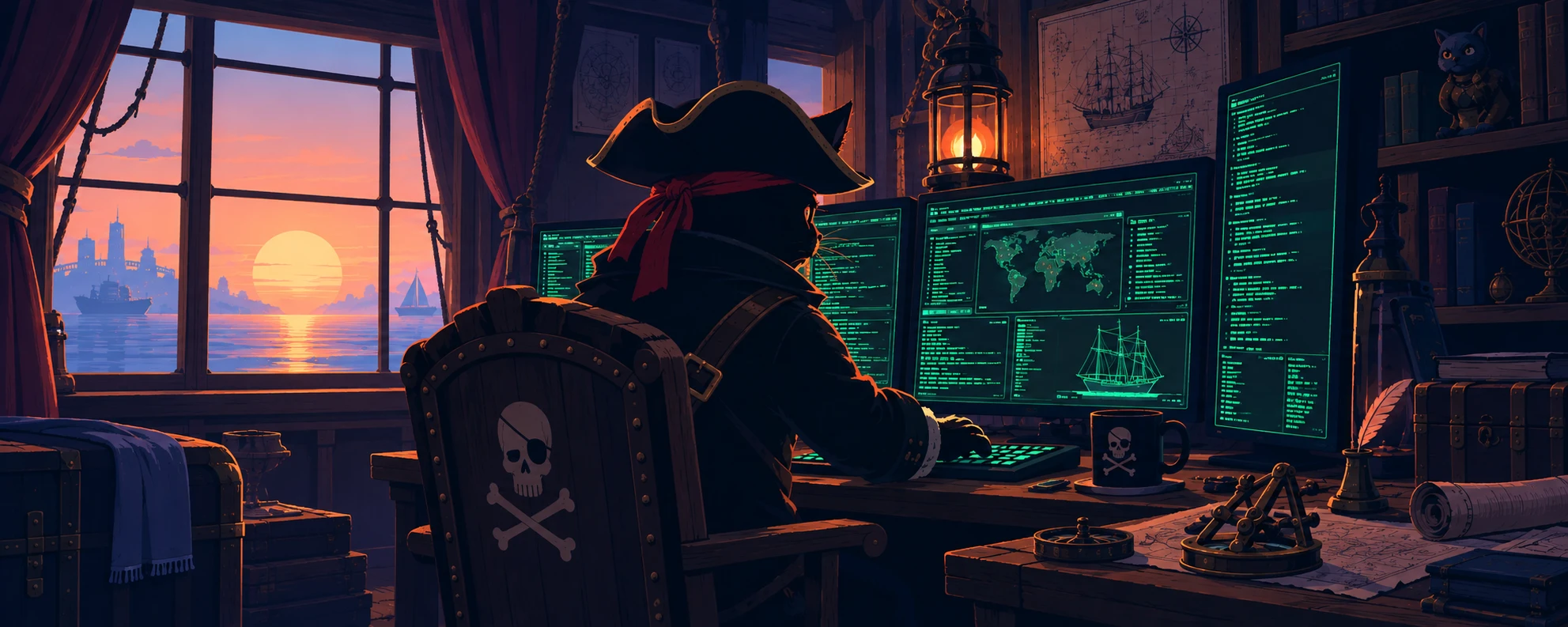 Un chat pirate coiffé d’un tricorne et d’un bandana rouge, vu de dos, travaille devant plusieurs écrans remplis de code vert dans la cabine d’un navire, au coucher du soleil.