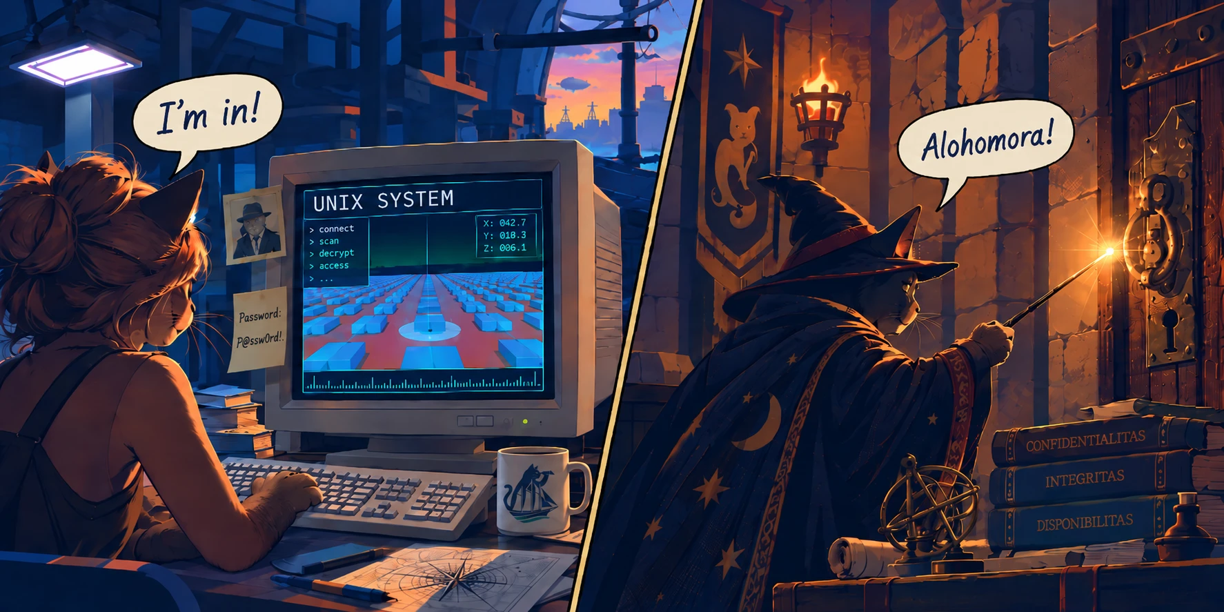 Mokõi escena oñondive. Asu gotyo, peteĩ mbarakaja hacker peteĩ computadora itujáva renondépe, pantalla UNIX SYSTEM reheve he’i I’m in!, peteĩ nota ojepegáva ykére oguerekóva contraseña P@ssw0rd!. Akatúa gotyo, peteĩ mbarakaja paje sombrero hatĩva ha capa mbyjáva reheve ohechauka ivarita peteĩ cerradura gotyo ha he’i Alohomora!, aranduka hérava Confidentialitas, Integritas ha Disponibilitas ykére.